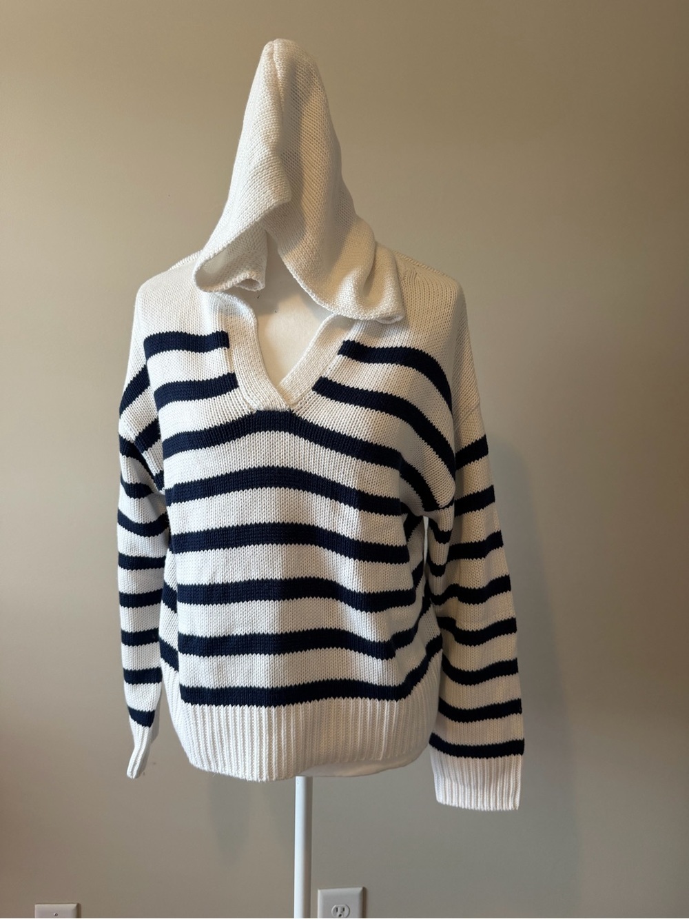 One Grey Day Hooded striped knit pullover Sweater XS Oversized Coastal Luxury - Picture 2 of 8